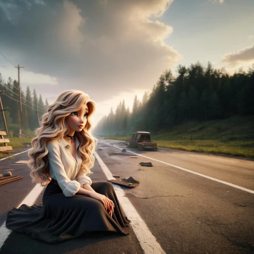 girl and car,girl in car,roadside,open road,celtic woman,road forgotten,girl in a long dress,long road,woman in the car,highway,photo manipulation,photoshop manipulation,witch driving a car,winding road,the road,conceptual photography,winding roads,the side of the road,empty road,mountain highway