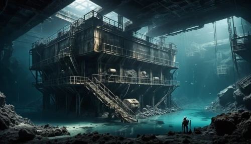 sunken church,mining facility,sunken ship,industrial ruin,the wreck of the ship,ship wreck,abandoned place,lost place,underwater playground,heavy water factory,deep sea diving,sunken boat,diving bell,the bottom of the sea,shipwreck,undersea,mine shaft,deep sea,gunkanjima,bottom of the sea,Conceptual Art,Fantasy,Fantasy 33