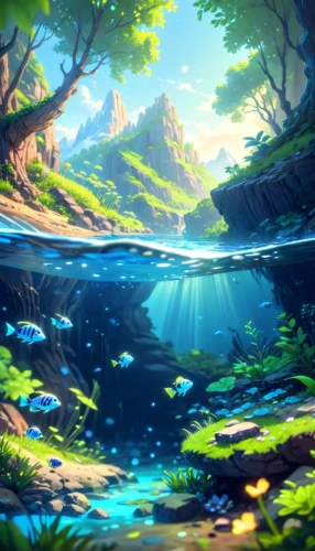 underwater oasis,cartoon video game background,fantasy landscape,landscape background,underwater background,mountain spring,waterscape,underwater landscape,lagoon,forest background,water scape,oasis,full hd wallpaper,river landscape,frog background,art background,4k wallpaper,forest landscape,fairy forest,fairy world,Anime,Anime,Cartoon