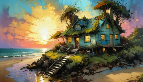 summer cottage,house by the water,cottage,lonely house,fisherman's house,house with lake,seaside resort,beach house,beach hut,house silhouette,little house,home landscape,house in the forest,tree house,house of the sea,tropical house,witch's house,beach landscape,coastal landscape,seaside country,Art,Artistic Painting,Artistic Painting 32