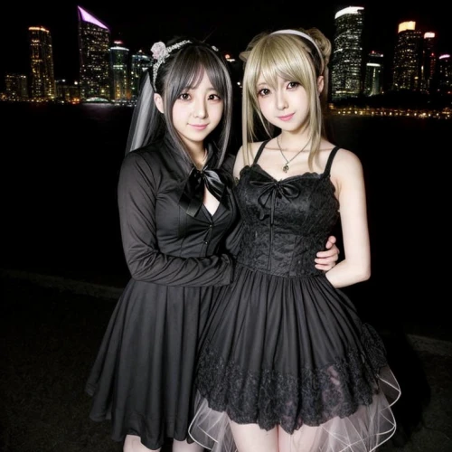 gothic dress,black dresses,dress walk black,beautiful girls with katana,cosplay image,gothic style,two girls,photo session at night,anime japanese clothing,joint dolls,gothic,gothic fashion,black color,sanya,with silvery,night photograph,gothic portrait,crossdressing,dollfie,kimjongilia