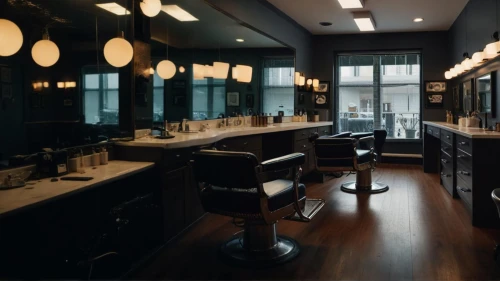 barber shop,salon,dark cabinetry,beauty room,barbershop,dark cabinets,beauty salon,under-cabinet lighting,luxury bathroom,barber chair,vintage kitchen,barber,hairdressing,dressing table,hairdressers,the kitchen,the long-hair cutter,tile kitchen,laundry room,kitchen interior