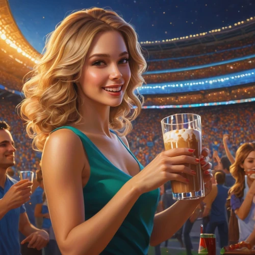 heineken1,barmaid,newcastle brown ale,holding cup,blonde woman,female alcoholism,bartender,beer pitcher,waitress,beer,beer match,have a drink,drinking party,i love beer,glasses of beer,orangina,oktoberfest background,cheers,champagne cup,the girl's face,Illustration,Realistic Fantasy,Realistic Fantasy 27