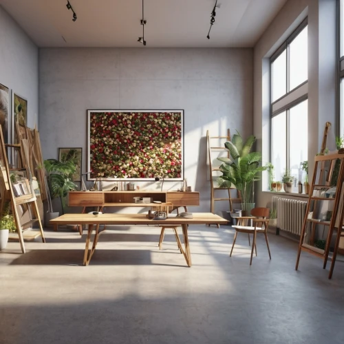the living room of a photographer,danish furniture,art gallery,modern decor,interior design,loft,interior decor,living room,interior decoration,creative office,livingroom,gallery,modern room,working space,an apartment,recreation room,contemporary decor,shared apartment,danish room,3d rendering,Photography,General,Realistic
