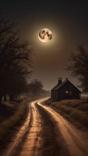 moonlit night,moonshine,fantasy picture,night scene,hanging moon,halloween background,lonely house,world digital painting,halloween and horror,ghost town,halloween scene,night image,witch's house,moonlit,road forgotten,atmospheric,photomanipulation,witch house,halloween illustration,paranormal phenomena,Photography,General,Natural