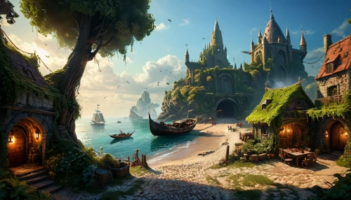 fantasy landscape,fantasy picture,3d fantasy,fantasy art,fantasy world,fantasy city,imperial shores,northrend,an island far away landscape,heroic fantasy,medieval town,kadala,harbor,ancient city,fairy village,fishing village,monkey island,knight village,fairy tale,mountain settlement,Photography,General,Fantasy