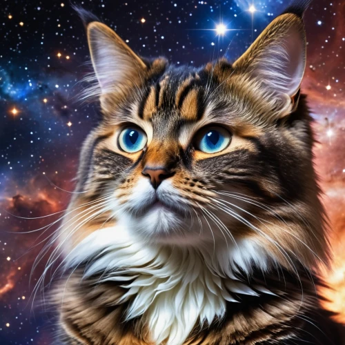 maincoon,cat vector,emperor of space,norwegian forest cat,capricorn kitz,orion,cat image,callisto,napoleon cat,astro,siberian cat,tabby cat,cosmic,nebula guardian,astronomer,firestar,cat on a blue background,astronomical,american bobtail,celestial body,Photography,General,Realistic