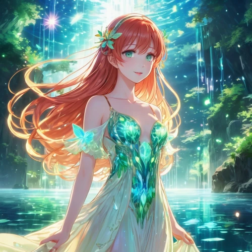 rusalka,mermaid background,nami,lilly of the valley,emerald sea,water nymph,luminous,tiki,underwater background,fantasia,lily of the field,emerald,water-the sword lily,asuka langley soryu,radiant,ocean background,cg artwork,flora,honolulu,green mermaid scale,Illustration,Japanese style,Japanese Style 03