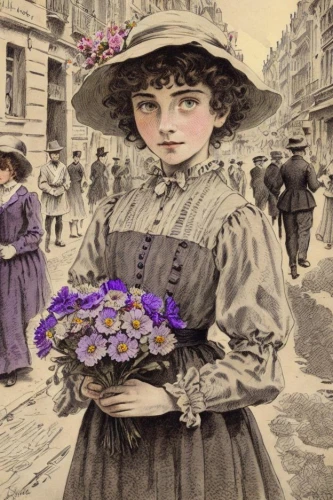 la violetta,vintage french postcard,holding flowers,victorian lady,victorian fashion,suffragette,girl picking flowers,floral greeting card,girl in flowers,july 1888,with a bouquet of flowers,the victorian era,purple hydrangeas,purple rose,beautiful girl with flowers,victorian style,vintage flowers,violet flowers,flowers in basket,girl in a historic way,Art sketch,Art sketch,Traditional