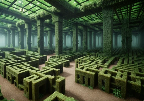 maze,mausoleum ruins,hollow blocks,labyrinth,ancient city,hall of the fallen,catacombs,necropolis,dungeon,industrial ruin,fractal environment,sunken church,cistern,wooden cubes,underground lake,mining facility,cubes,ruins,game blocks,mortuary temple