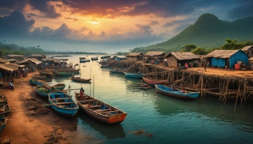 fishing village,fishing boats,vietnam,southeast asia,floating huts,boat landscape,vietnam's,wooden boats,vietnam vnd,mekong,thailand,thai,stilt houses,teal blue asia,philippines scenery,coastal landscape,rowboats,halong bay,boats in the port,ham ninh,Photography,General,Fantasy