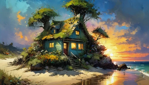 summer cottage,house by the water,cottage,house in the forest,tree house,fisherman's house,house with lake,lonely house,witch's house,little house,house silhouette,fairy house,small house,treehouse,home landscape,house of the sea,beach house,wooden house,ancient house,lighthouse,Art,Artistic Painting,Artistic Painting 32
