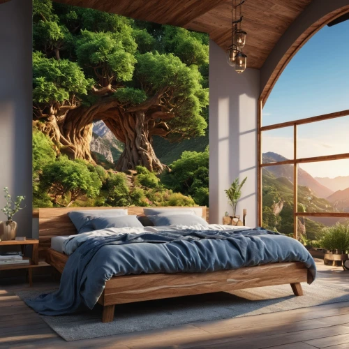 roof landscape,canopy bed,bedroom,sleeping room,beautiful home,wooden beams,great room,home landscape,modern room,guest room,bedroom window,landscape background,3d rendering,livingroom,the cabin in the mountains,airbnb,bedding,living room,soft furniture,modern decor,Photography,General,Realistic