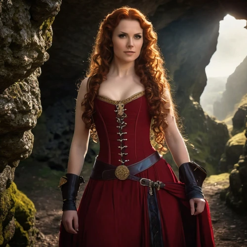 celtic queen,celtic woman,red tunic,fantasy woman,maureen o'hara - female,merida,the enchantress,red gown,lady in red,red coat,sorceress,red cape,queen anne,catarina,female hollywood actress,redheads,red-haired,bodice,red riding hood,strong woman,Photography,General,Realistic
