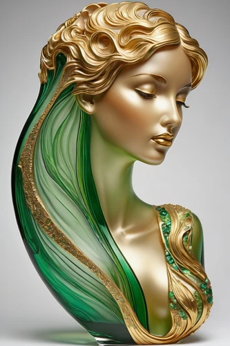 art deco woman,art deco ornament,laurel wreath,decorative figure,art nouveau,woman sculpture,art nouveau design,malachite,gold foil mermaid,green mermaid scale,bronze sculpture,art deco,3d bicoin,sculpt,gilding,decorative art,medusa,wood carving,celtic woman,gold paint stroke,Illustration,Retro,Retro 08