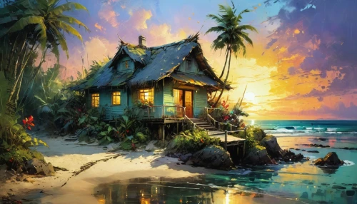 tropical house,summer cottage,lonely house,house by the water,beach landscape,tropical beach,luau,tropical island,beach hut,cottage,seaside resort,fisherman's hut,fisherman's house,beach restaurant,fishing village,home landscape,kohphangan,coastal landscape,idyllic,tropical sea,Art,Artistic Painting,Artistic Painting 32