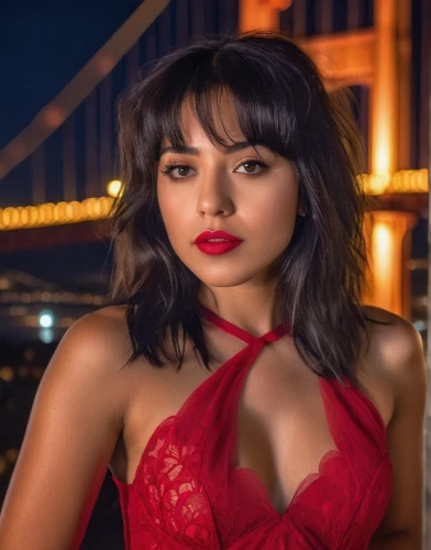 girl in red dress,in red dress,lady in red,red lipstick,red lips,jasmine sky,red bow,red dress,red,man in red dress,romantic look,harbor bridge,santana,cosmopolitan,rosa bonita,photo session at night,romantic portrait,night view of red rose,girl on the river,tube top,Photography,General,Realistic