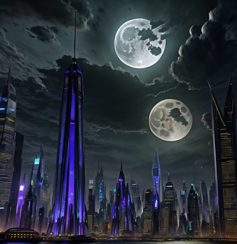 futuristic landscape,sky space concept,futuristic architecture,concept art,fantasy city,moonlit night,lunar landscape,digital compositing,sci fiction illustration,metropolis,city skyline,world digital painting,super moon,black city,space port,sci fi,city at night,moon phase,3d render,sci-fi