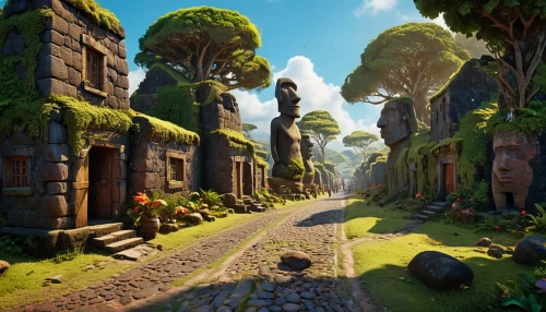 druid grove,ancient city,mushroom landscape,scandia gnomes,fairy village,fantasy landscape,development concept,northrend,labyrinth,pathway,3d fantasy,mushroom island,bastion,madagascar,collected game assets,concept art,the mystical path,monkey island,aurora village,game art,Photography,General,Cinematic