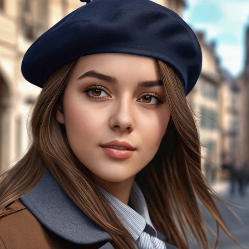 beret,girl wearing hat,french digital background,fedora,flat cap,leather hat,the hat-female,bowler hat,clementine,girl portrait,woman's hat,romantic portrait,digital painting,european,world digital painting,paris,madeleine,policewoman,beanie,hat,Photography,General,Realistic