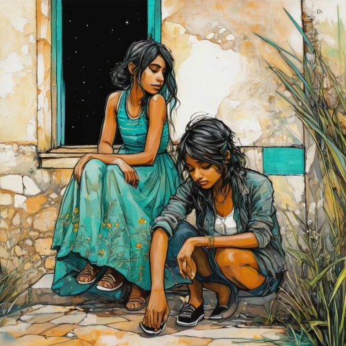 two girls,young couple,oil painting on canvas,young women,oil painting,peruvian women,conversation,oil on canvas,girl and boy outdoor,little girls,street artists,habaneras,jasmine,girl praying,church painting,children studying,little girl and mother,color pencils,art painting,children girls,Illustration,Realistic Fantasy,Realistic Fantasy 23