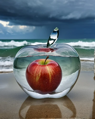 photo manipulation,water apple,apple logo,acqua pazza,surface tension,message in a bottle,apple design,apple icon,photoshop manipulation,crystal ball-photography,red apple,bowl of fruit in rain,refraction,fruits of the sea,image manipulation,beach background,surrealism,photomanipulation,glass sphere,apple world,Photography,General,Realistic