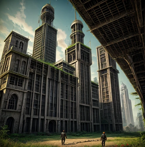 industrial ruin,urban towers,dystopian,metropolis,skyscrapers,stalin skyscraper,post-apocalyptic landscape,post apocalyptic,high rises,industrial landscape,district 9,stalinist skyscraper,futuristic architecture,tall buildings,power towers,dystopia,pillars,towers,the skyscraper,high-rises