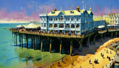 brighton pier,eastbourne pier,cromer pier,brighton,the pier,cromer,seaside resort,princes pier,worthing,whitby,old pier,seaside view,post impressionist,wooden pier,house of the sea,stilt houses,st ives pier,seaside,pier,seaside country,Art,Artistic Painting,Artistic Painting 32