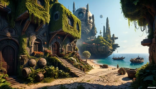 monkey island,an island far away landscape,fantasy landscape,imperial shores,popeye village,lavezzi isles,mushroom island,3d fantasy,ancient city,fishing village,peninsula,the island,slave island,islands,island of juist,fairy village,island of fyn,sand coast,karst landscape,kadala,Photography,General,Sci-Fi