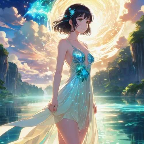 water nymph,water lotus,water-the sword lily,flower of water-lily,fantasia,luminous,waterlily,fantasy picture,rusalka,mermaid background,water lily,girl on the river,water lilly,summer background,lily water,cg artwork,fairy queen,radiant,magical,lilies,Illustration,Japanese style,Japanese Style 03