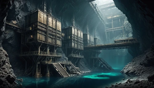 mining facility,underground lake,industrial ruin,abandoned place,heavy water factory,cave on the water,lost place,abandoned places,salt mine,sunken church,artificial island,cenote,industrial landscape,abandoned factory,dungeon,ancient city,crypto mining,megalith facility harhoog,hydropower plant,fractal environment,Conceptual Art,Fantasy,Fantasy 33