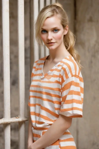 horizontal stripes,olallieberry,striped background,liberty cotton,orange,prisoner,stripes,cotton top,prison,polo shirt,in a shirt,striped,orange color,peach color,girl in t-shirt,women clothes,women's clothing,beautiful young woman,brittany,madeleine