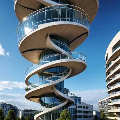 futuristic architecture,helix,spiral staircase,modern architecture,residential tower,spiral stairs,arhitecture,dna helix,spiral,sky apartment,multi-storey,circular staircase,spiralling,winding staircase,mixed-use,jewelry（architecture）,kirrarchitecture,double helix,balconies,penthouse apartment,Photography,General,Realistic