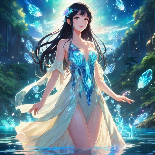 water-the sword lily,water nymph,rusalka,mermaid background,fantasia,blue enchantress,fantasy picture,merfolk,water rose,bridal veil,azure,cg artwork,fairy queen,zodiac sign libra,underwater background,water lotus,lily water,flora,siren,goddess of justice,Illustration,Japanese style,Japanese Style 03