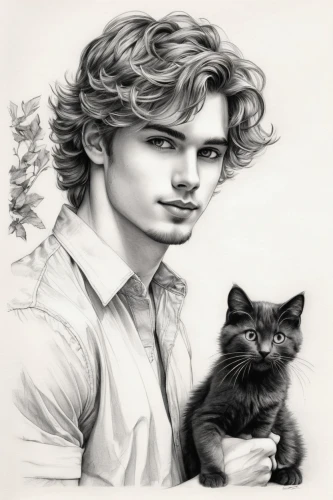 ritriver and the cat,drawing cat,nebelung,cat line art,domestic short-haired cat,cat drawings,charcoal pencil,pencil drawing,graphite,cat lovers,romantic portrait,charcoal drawing,two cats,pencil drawings,domestic cat,british longhair cat,cartoon cat,robert harbeck,the cat,young cat,Illustration,Black and White,Black and White 30