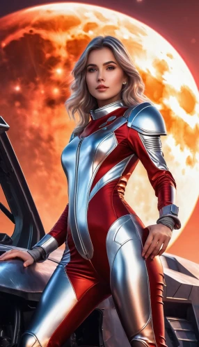 red,sci fiction illustration,cg artwork,space-suit,olallieberry,captain marvel,silver arrow,red super hero,scarlet witch,mission to mars,merc,solar,superhero background,nova,io,blood moon,tesla,electron,meteor,spacesuit,Illustration,Realistic Fantasy,Realistic Fantasy 01
