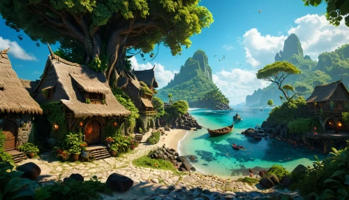 monkey island,floating islands,underwater oasis,an island far away landscape,islands,polynesia,tropical island,popeye village,fairy village,lagoon,idyllic,druid grove,java island,polynesian,the island,bird kingdom,mushroom island,fantasy landscape,development concept,flying island,Photography,General,Fantasy