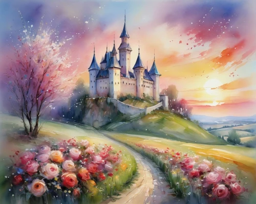 fairy tale castle,fairytale castle,fairy tale,fairytale,children's fairy tale,shanghai disney,disney castle,a fairy tale,fantasy picture,fairy world,fantasy landscape,cinderella's castle,fairy tale character,fairy tales,sleeping beauty castle,fantasy world,disney rose,fairytales,fairy tale icons,watercolor background,Illustration,Paper based,Paper Based 11
