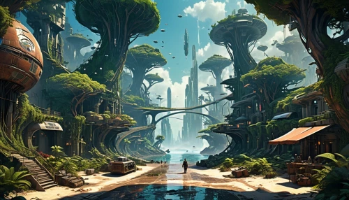 futuristic landscape,fantasy landscape,mushroom landscape,mushroom island,3d fantasy,an island far away landscape,lagoon,sci fiction illustration,druid grove,floating islands,imperial shores,artificial island,alien world,fantasy world,cartoon forest,ancient city,monkey island,oasis,fairy village,fairy world,Conceptual Art,Sci-Fi,Sci-Fi 24