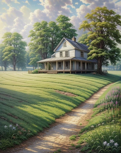 home landscape,country house,lonely house,country estate,farm house,beautiful home,dandelion hall,studio ghibli,country cottage,little house,farmhouse,meadow in pastel,landscape background,rural landscape,homestead,country side,ancient house,old home,house painting,meadow landscape