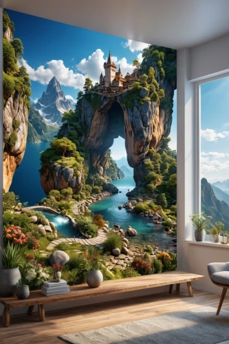 3d fantasy,fantasy landscape,great room,virtual landscape,futuristic landscape,aquarium decor,cartoon video game background,wall decoration,fantasy art,home landscape,fantasy picture,sky apartment,3d background,kids room,landscape background,children's bedroom,modern decor,3d rendering,interior design,fractal environment,Photography,General,Realistic