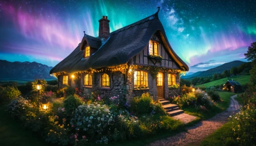 fantasy picture,witch's house,beautiful home,home landscape,little house,lonely house,house in mountains,auroras,the cabin in the mountains,fairy house,summer cottage,a fairy tale,house in the mountains,northen lights,wooden house,house in the forest,fairy village,fairy tale,fantasy landscape,cottage,Photography,General,Fantasy