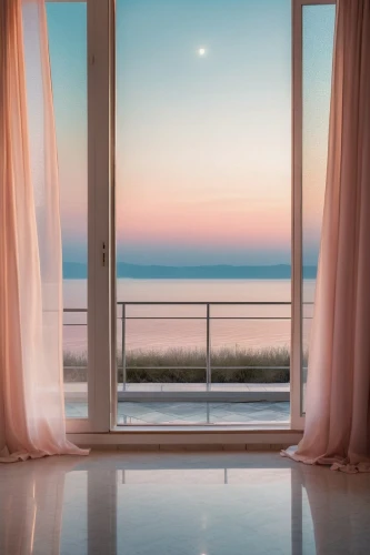 window with sea view,window curtain,bedroom window,window covering,window treatment,a curtain,window view,ocean view,curtain,curtains,window to the world,pink dawn,seaside view,transparent window,big window,the window,window,beach house,window transparent,evening atmosphere,Photography,General,Realistic