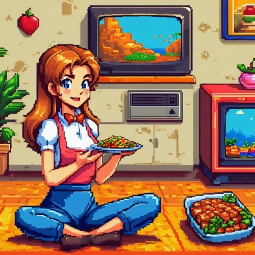 pixel art,girl in the kitchen,retro background,retro styled,retro girl,food and cooking,red cooking,sega genesis,retro christmas,snes,retro diner,amiga,thanksgiving background,rendang,sega mega drive,pizzeria,karaage,girl with bread-and-butter,cookery,cooking show,Unique,Pixel,Pixel 05