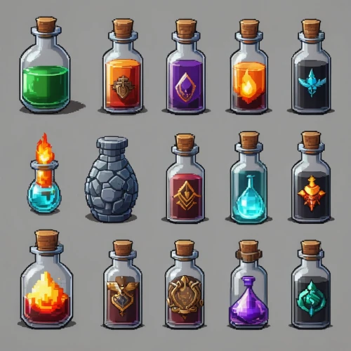 potions,gas bottles,glass bottles,bottles,glass items,collected game assets,poison bottle,apothecary,flasks,vials,trinkets,drink icons,inventory,colored stones,glass containers,reagents,fairy tale icons,perfume bottles,set of icons,oils,Unique,Design,Character Design