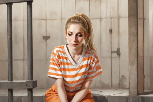 prisoner,drug rehabilitation,depressed woman,prison,detention,girl sitting,sad woman,girl in a long,photo session in torn clothes,photoshop manipulation,isolated t-shirt,young woman,handcuffed,arbitrary confinement,orange,offenses,woman sitting,worried girl,photo manipulation,burglary,Digital Art,Comic