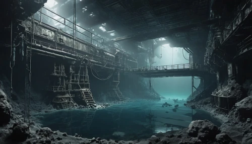 mining facility,underground lake,industrial ruin,heavy water factory,sunken church,industrial landscape,salt mine,underwater playground,sunken ship,mining,mine shaft,coal mining,ship wreck,ny sewer,mining site,the bottom of the sea,engine room,lost place,mining excavator,hydropower plant,Conceptual Art,Fantasy,Fantasy 33