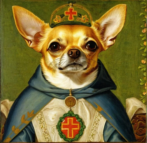 nuncio,chihuahua,portrait of christi,the order of cistercians,francisco,catholicism,auxiliary bishop,pope,saint patrick,rompope,metropolitan bishop,corgi-chihuahua,saint,praise,bishop,christdorn,carthusian,dog angel,the french bulldog,vatican city flag,Art,Classical Oil Painting,Classical Oil Painting 34