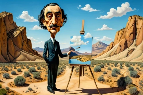 el salvador dali,dali,don quixote,hans christian andersen,surrealism,caricaturist,sculptor ed elliott,conductor,standing man,deadwood,man with a computer,arid land,caricature,sand timer,self-portrait,sculptor,baron munchausen,meticulous painting,pinocchio,machete