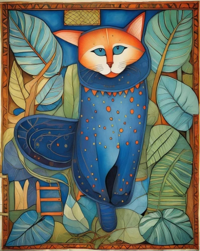chinese pastoral cat,carol colman,cloves schwindl inge,cat on a blue background,cat frame,spanish tile,ceramic tile,blue leaf frame,whimsical animals,lucky cat,animal figure,domestic cat,carol m highsmith,garden-fox tail,calico cat,folk art,decorative art,siamese cat,glass painting,the cat,Illustration,Abstract Fantasy,Abstract Fantasy 09